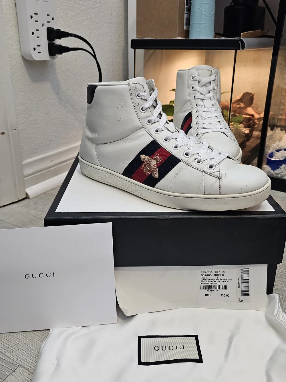 Gucci White High-Top Leather Sneaker with Web Stripe and Bee
